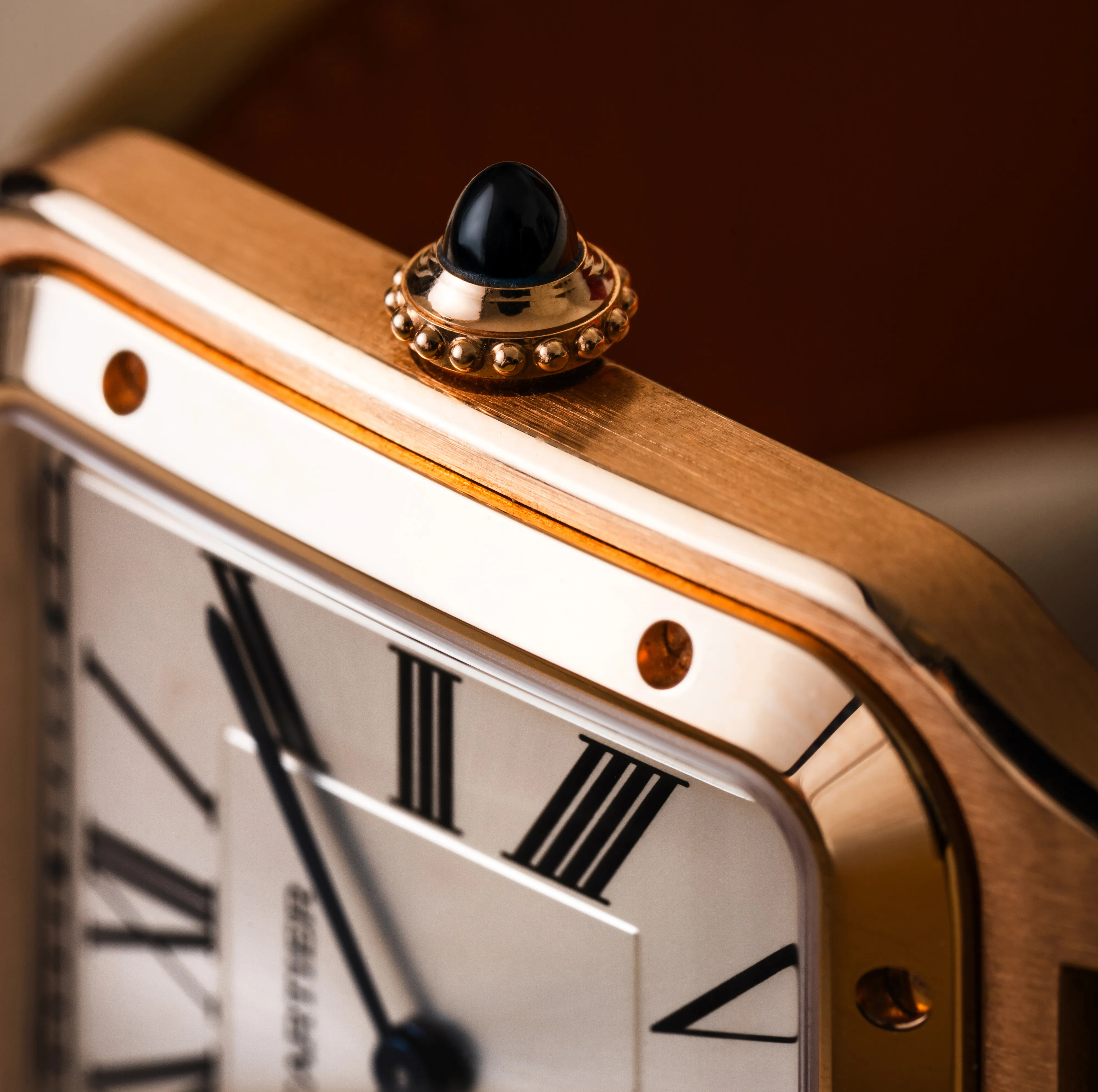 Gold buckle detail on the brown leather strap